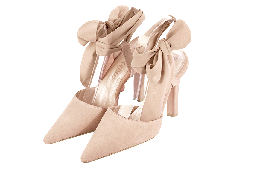 Powder pink women's open back shoes, with an ankle scarf. Pointed toe. Very high slim heel. Front view - Florence KOOIJMAN